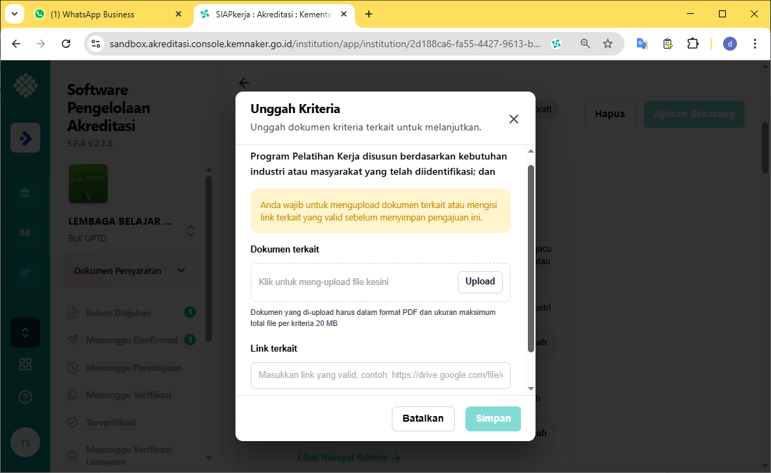 upload kriteria